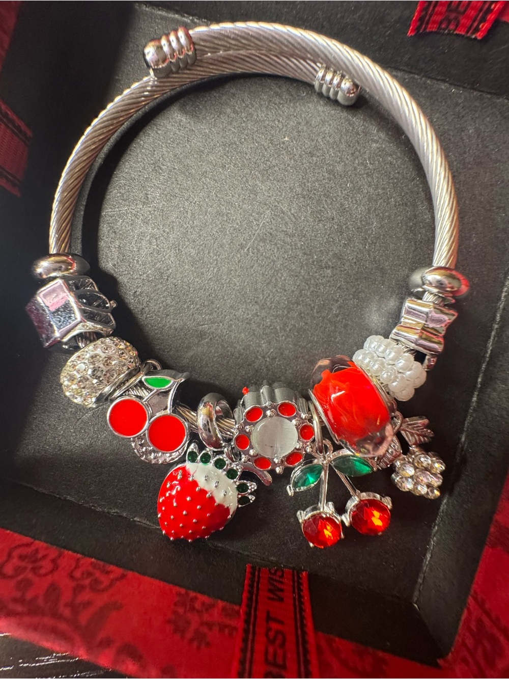 Silver Charm Bracelet with Red Fruit and Crystal Accents